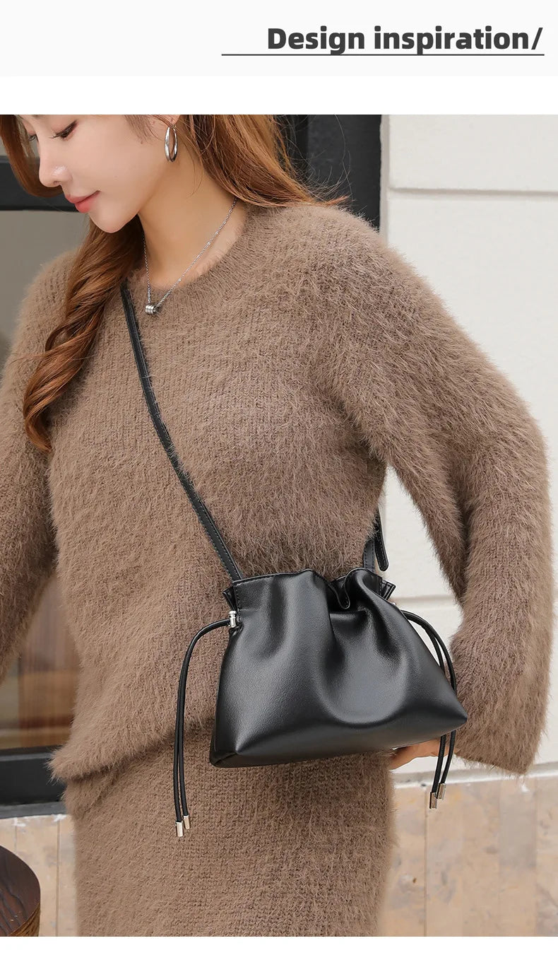 Luxury Pleated Cloud Crossbody Bag - Premium Genuine Leather Drawstring Shoulder Purse, Versatile Small Bag for Elegant Lady