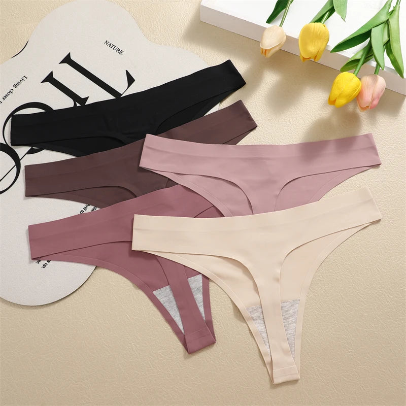 4PCS Ultra-thin Seamless Underwear Women's Invisible Panties Sexy Ice Silk Thongs Low Waist Breathable Bikini Stretchy Lingerie