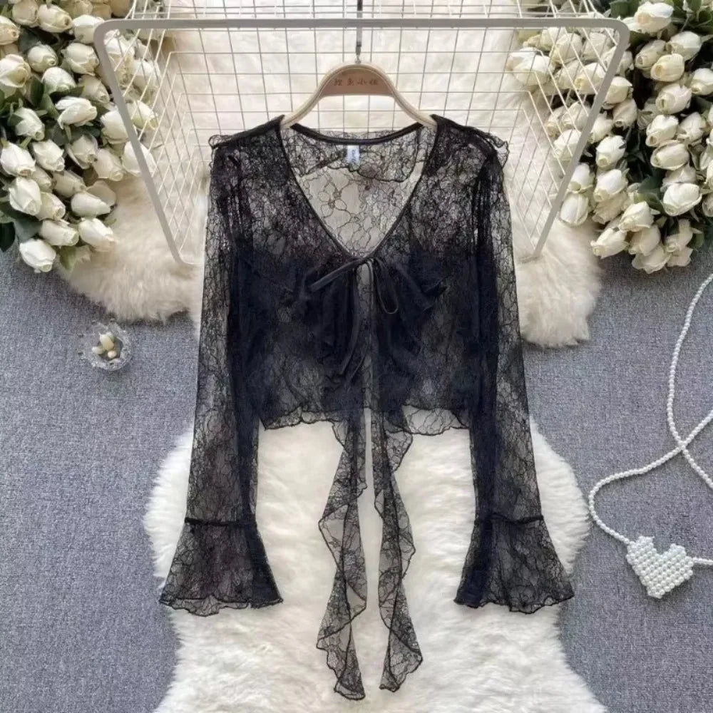 Women's Lace Cover Up Cardigan Cropped Tie Front Bell Sleeves Blouse Lightweight Shawl Jacket Outwear Blouse For Covers Clothing