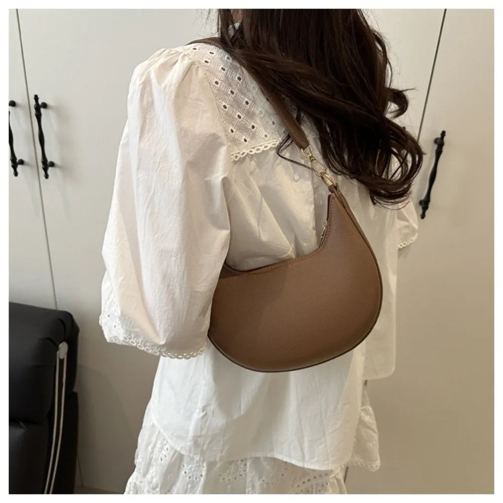 Casual PU Leather Shoulder Bag Moon-shaped Large Capacity Underarm Bag Solid Color Tote Handbag Women's Handbags