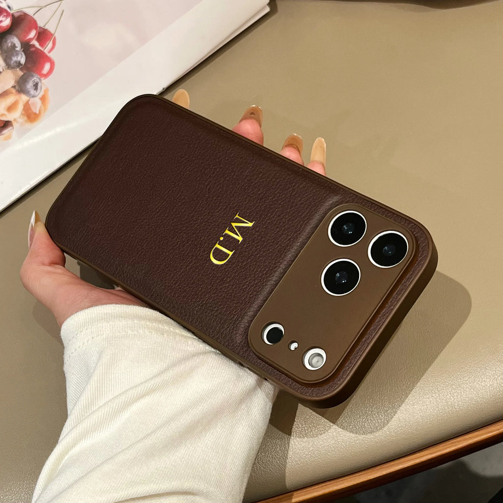 Personalized Luxury Classic Faux Leather Case For IPhone18 17 16 15 14 13 Pro Max Air Custom Name Gold Hot Foil Engraved Case