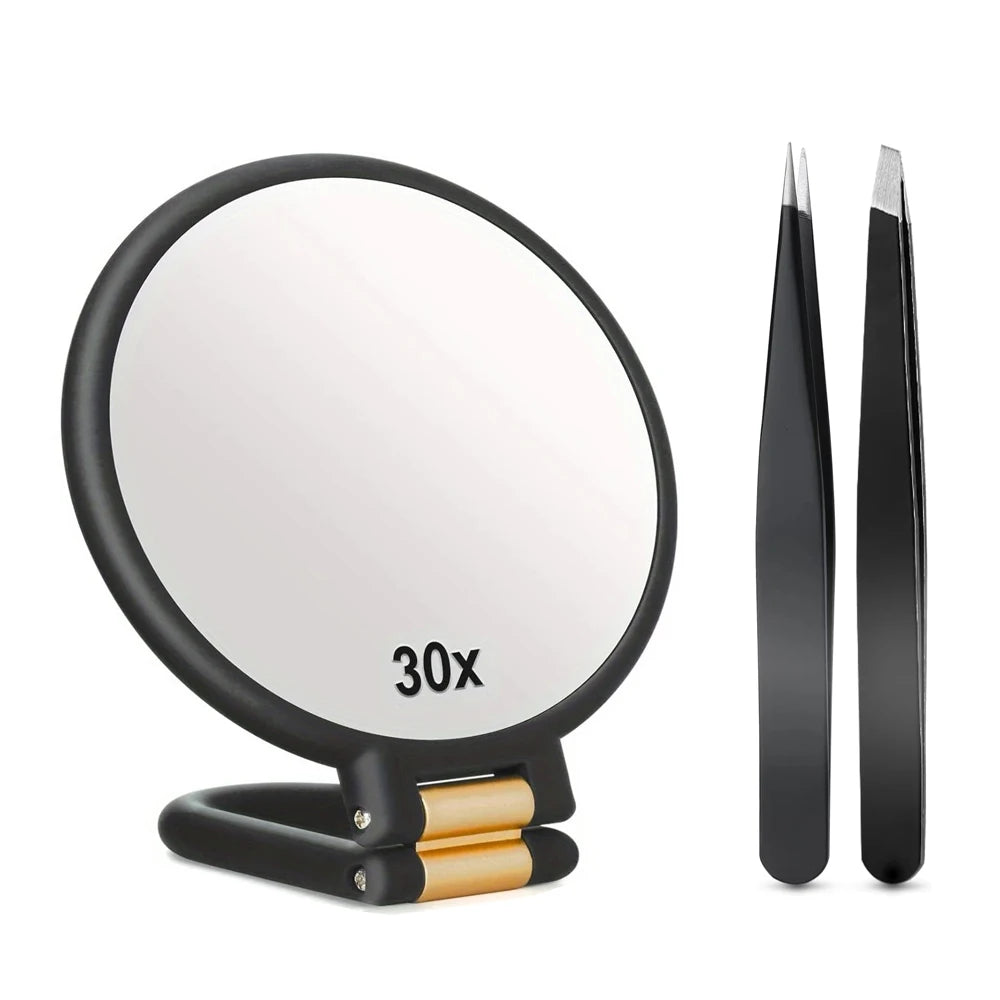30X Magnifying Handheld Mirror Double Sided Foldable Travel Makeup Mirror Adjustable Rotation Pedestal Hand/Hanging VanityMirror