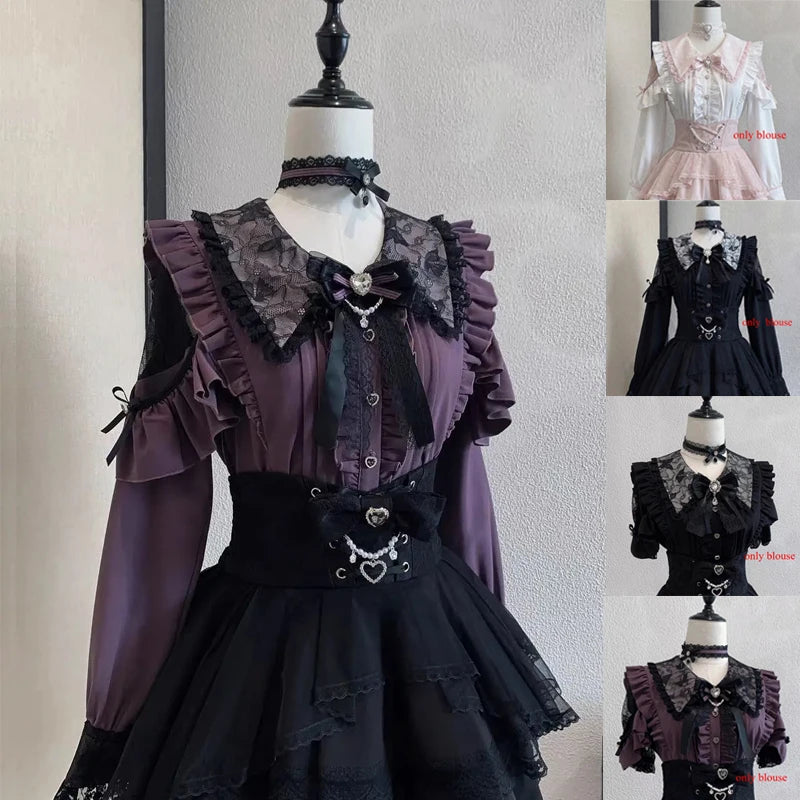 Japanese Sweet Lolita Blouse Long Sleeve Women Casual Skirts Lace Ruffle Blouse Y2K Harajuku Y2K Kawaii Subculture Outfit 2026
