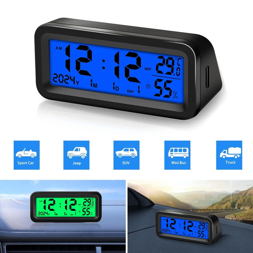 Solar/USB Car Clocks Dashboard Thermometer Automotive Electronic Watch Led Display Time with Back Luminous Car Accessories