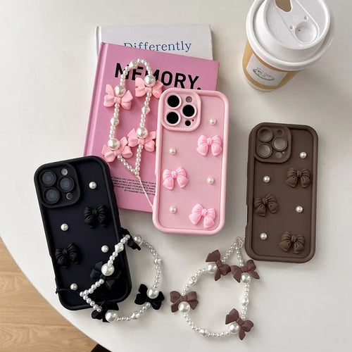 Bow Tie Pearl Chain Rope Phone Case For Huawei Mate 70 60 50 40 30 20 70 Pro Pura 70 Ultra P70 P60 P50 P40 Lite Pro Soft Cover