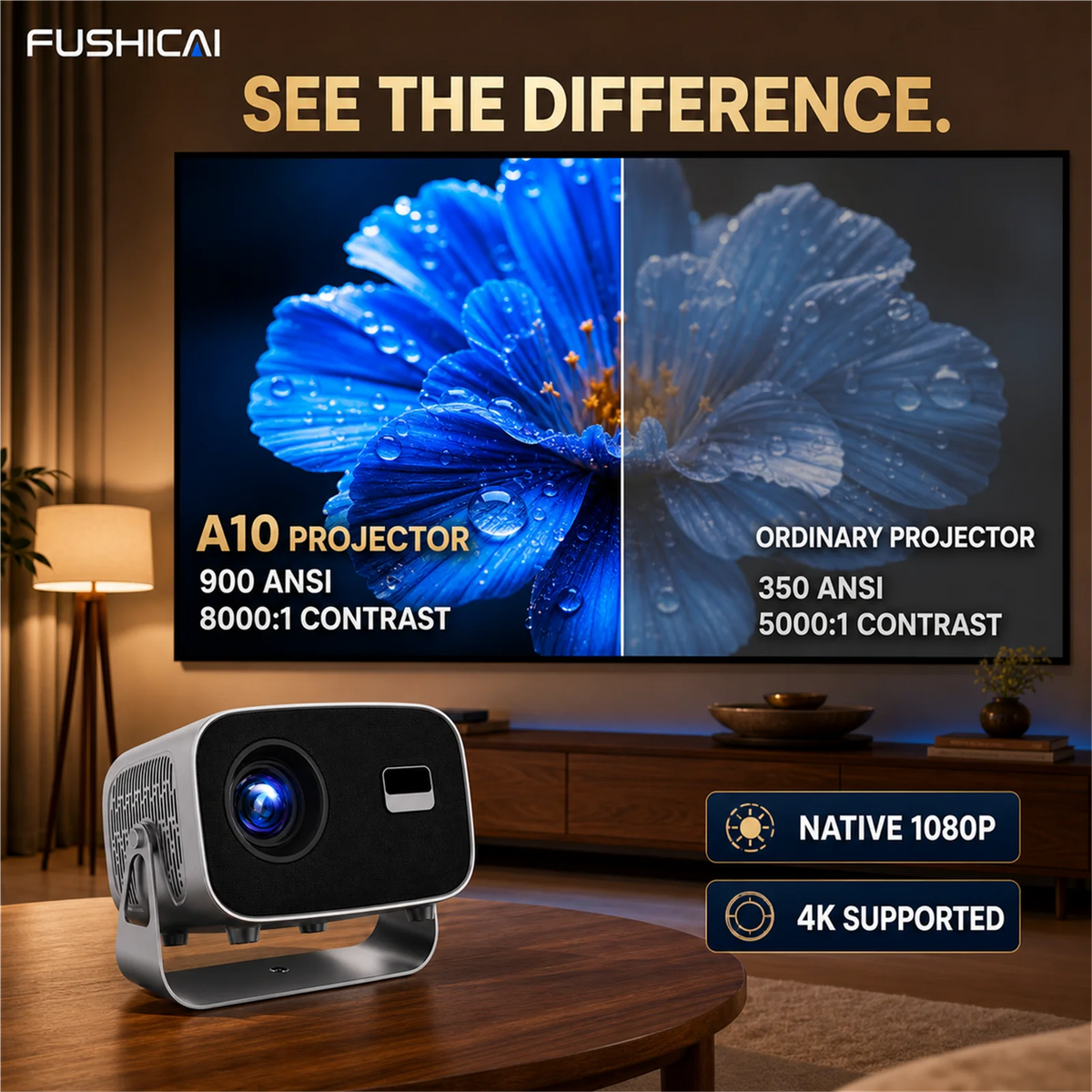 FUSHCAI Outdoor Projector A10 Portable Mini Projector with 360° Rotation 900 ANSI Native 720P 4K Compatible Auto Focus BT 5.4