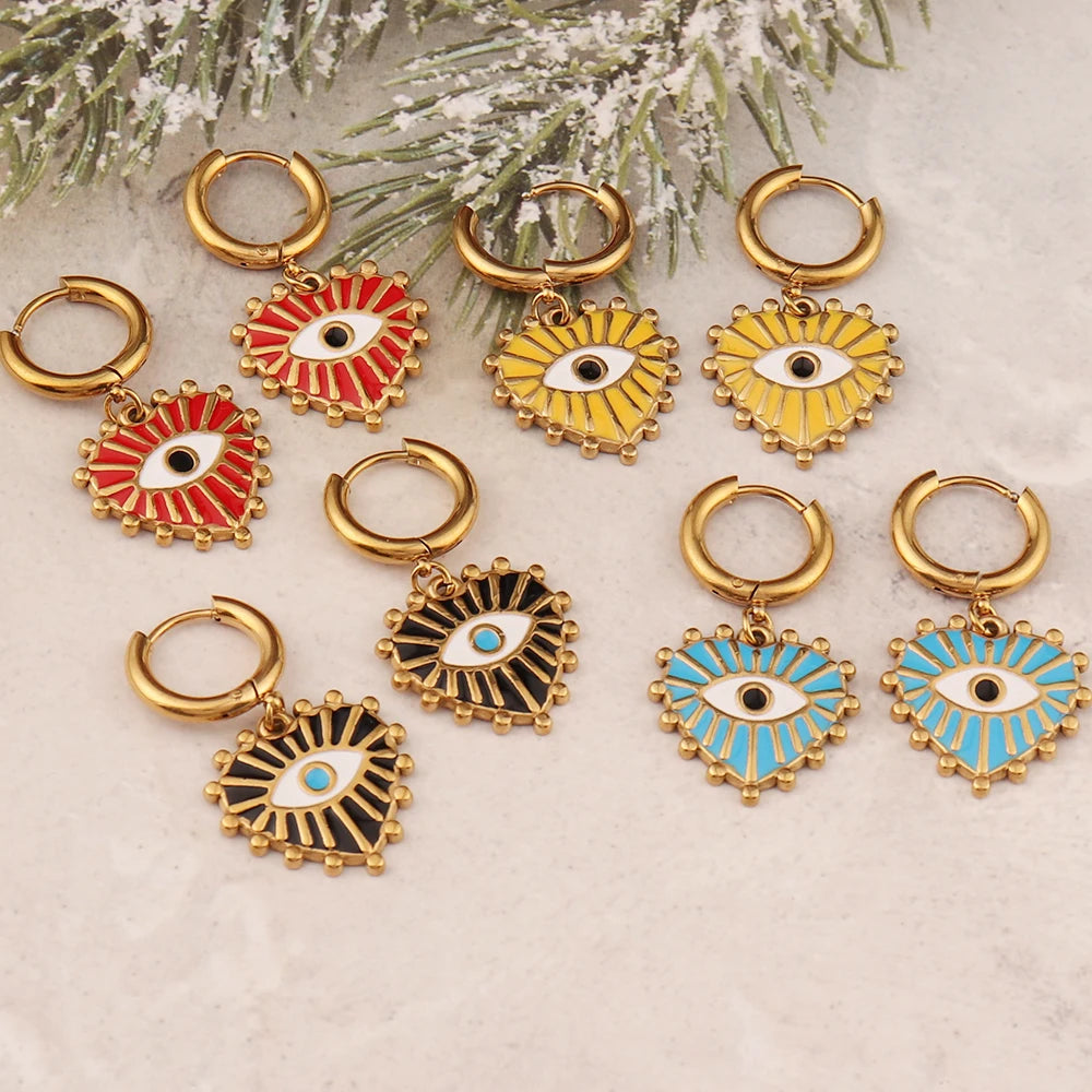 Vintage 316L Stainless Steel Turkish Evil Eye Hoops Earrings Huggie Drop Heart Pendant Earrings For Women Daily Jewelry Gifts