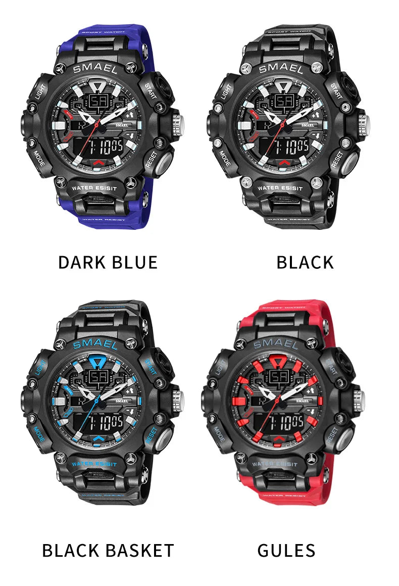 Military Watch Sport Waterproof 50M Stopwatch Analog Digital Wristwatches Week Display Alarm Clock 8053 Digital Watches Mens