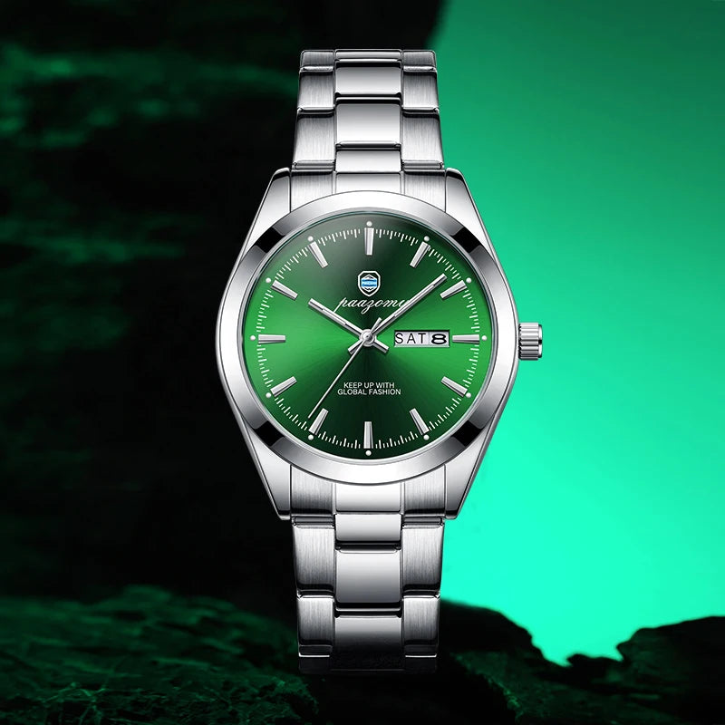 PAAZOMU Fashion Men's Quartz Watch Luminous Hands Date Week Stainless Steel Strap Waterproof Casual Wristwatch Quartz Men Watch