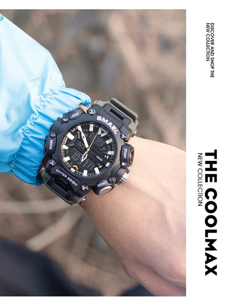 Military Watch Sport Waterproof 50M Stopwatch Analog Digital Wristwatches Week Display Alarm Clock 8053 Digital Watches Mens