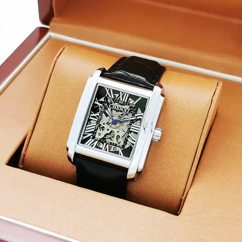 Square Skeleton Mechanical Watches for Man Luxury Business Casual Man Automatic Watch Leather Strap Gift Hand Clock for Men