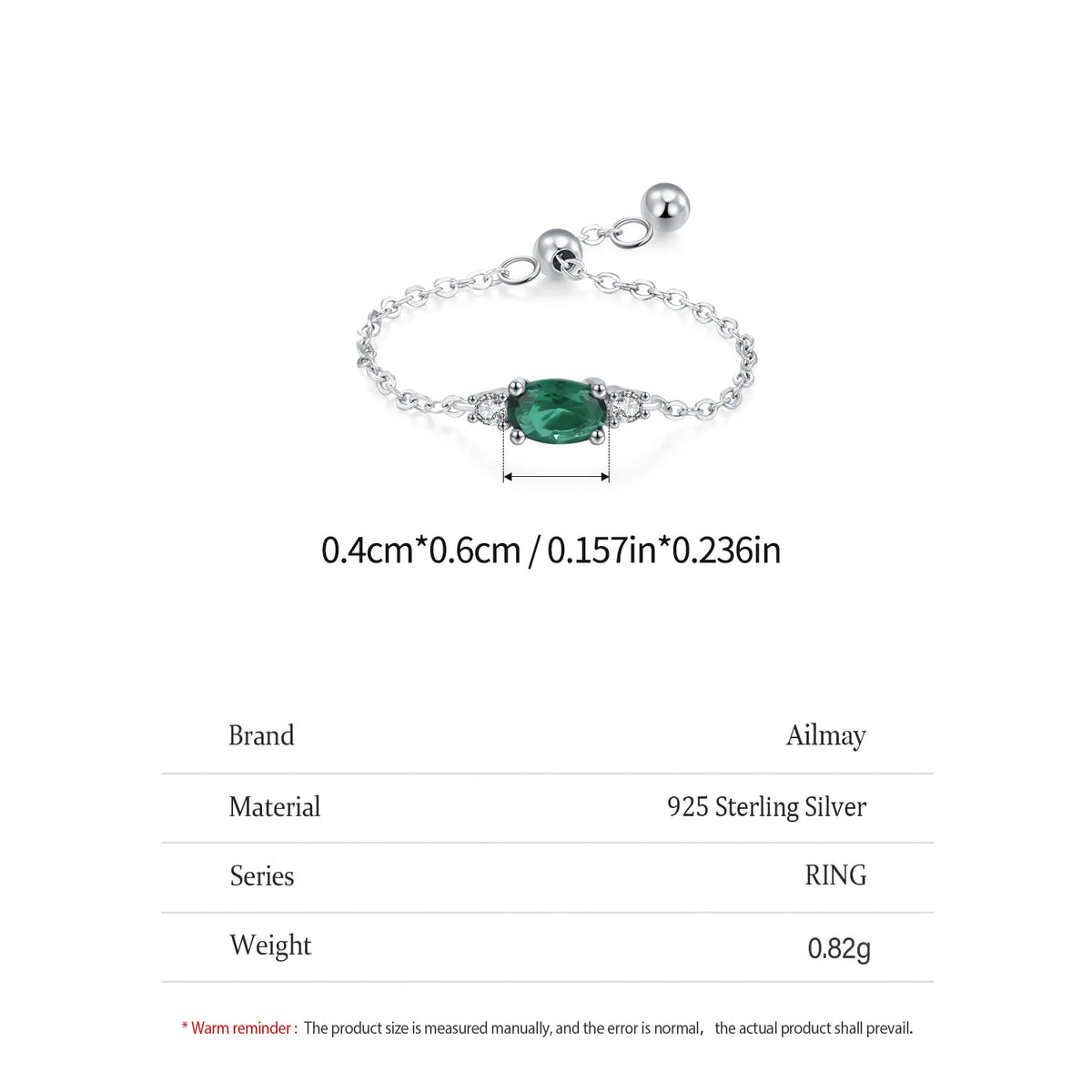 Ailmay Top Quality 925 Sterling Silver Trendy Green Oval  Adjustable Link Chain Rings For Women Fine Jewelry Gifts