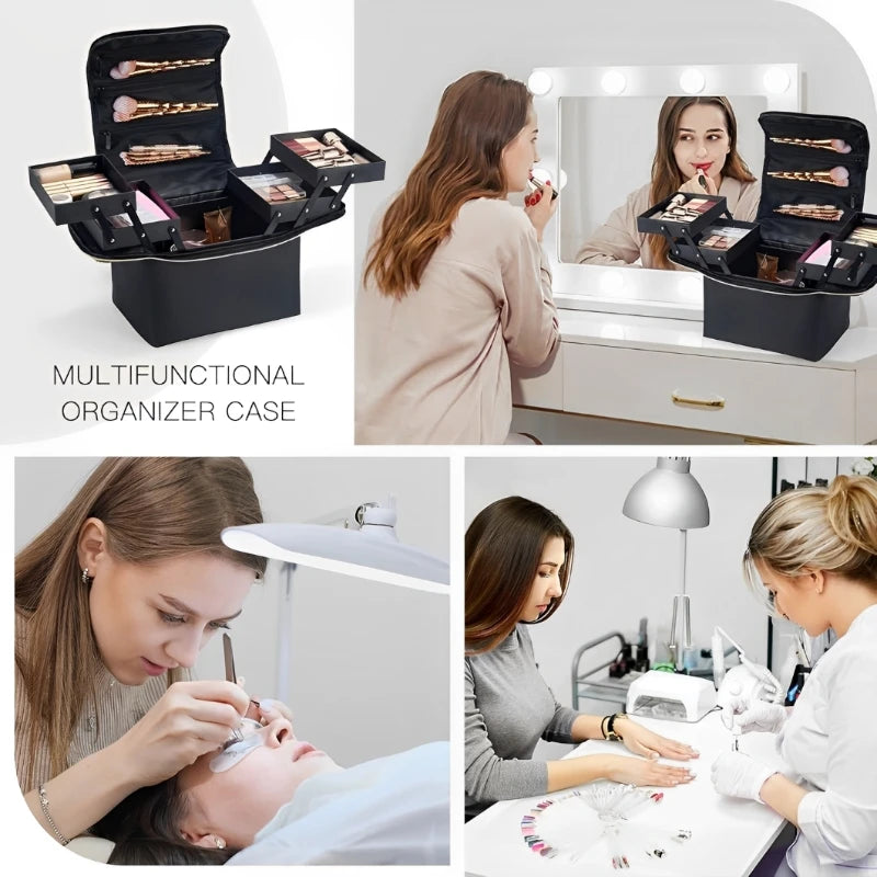 Mala de Maquilhagem de Grande Capacidade com Tabuleiros Dobráveis Multicamadas Ajustáveis, Caixa para Manicura, Organizador de Cosméticos Portátil para Unhas