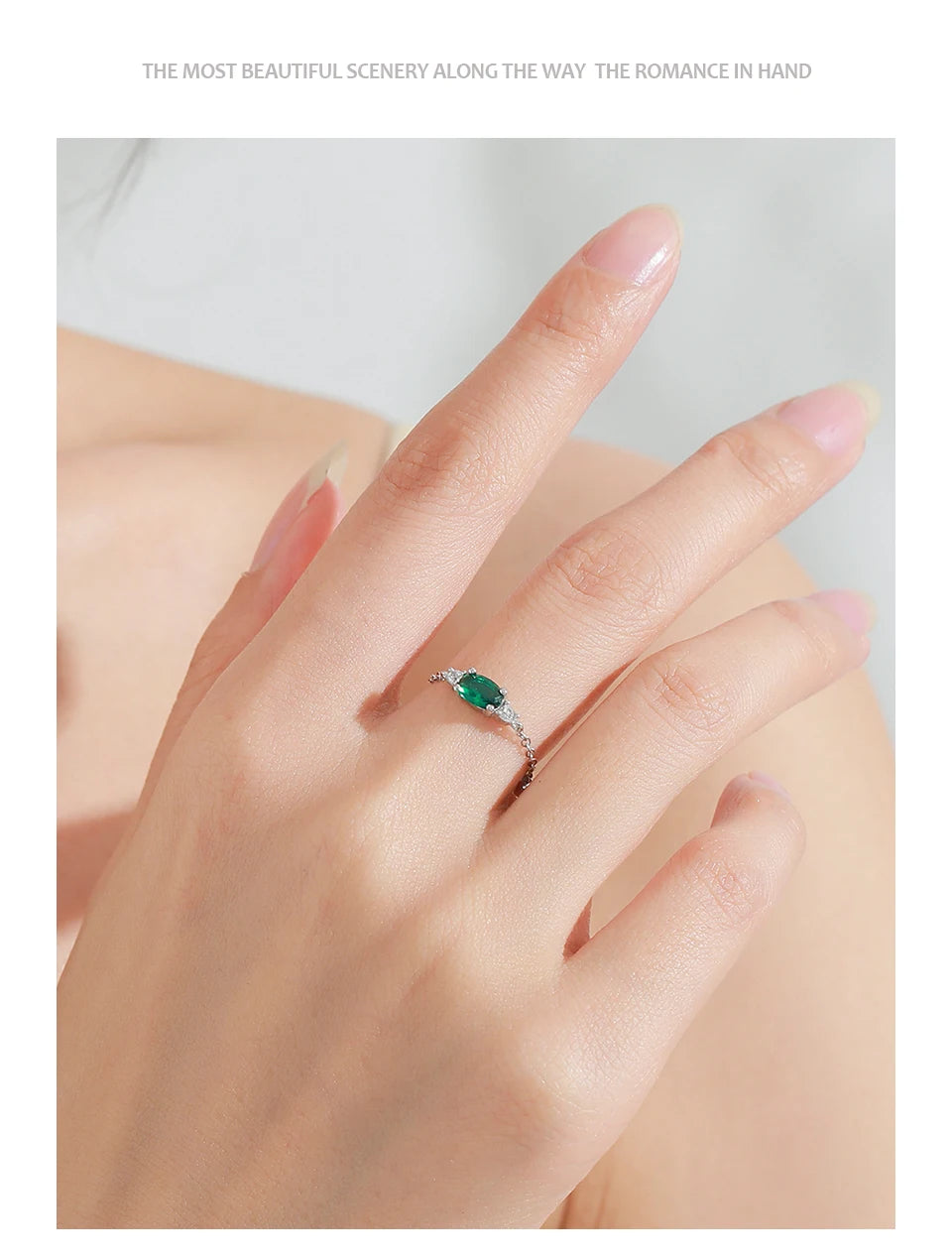 Ailmay Top Quality 925 Sterling Silver Trendy Green Oval  Adjustable Link Chain Rings For Women Fine Jewelry Gifts
