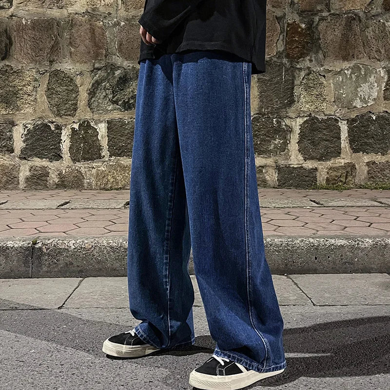 Korean Fashion Men's Baggy Jeans Elastic Waist  Classic olid Color Straight-leg Denim Wide-leg Pants Male Light Blue Grey Black