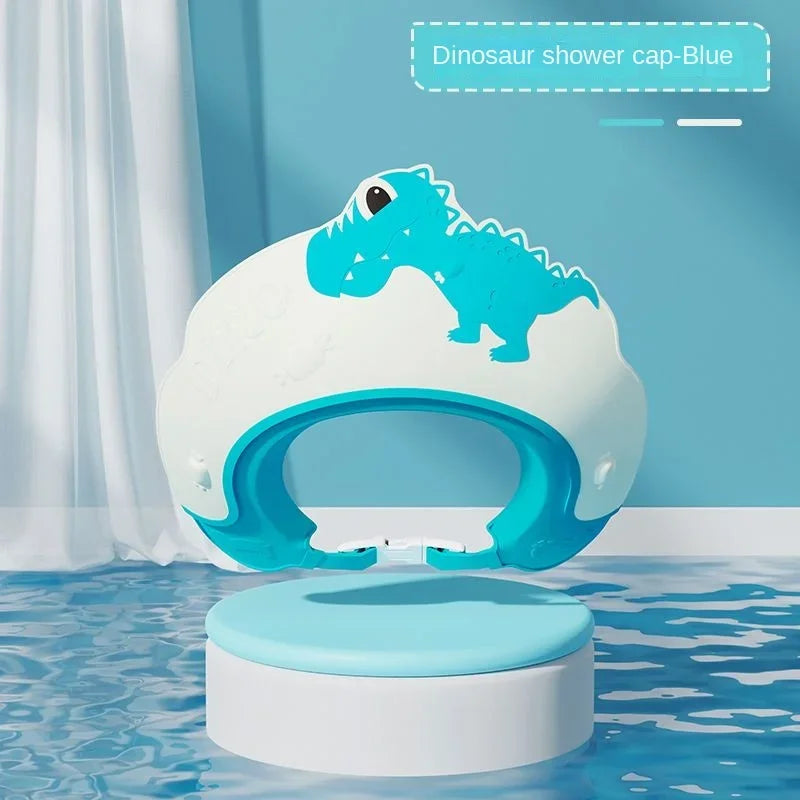 Gorro de Champô Impermeável de Borracha Macia para Bebé Artefacto de Banho para Criança Gorro de Lavagem de Cabelo com Proteção Auricular Ajustável Padrão de Dinossauro