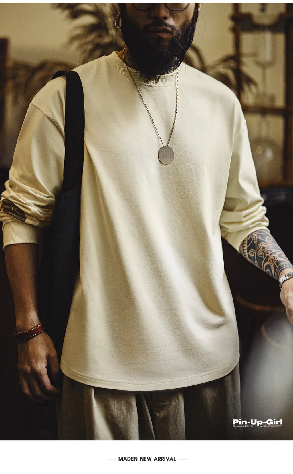 Maden Vintage Back-Printed Long-Sleeve T-Shirt Loose Casual Round-Neck Pullover for Men's Spring and Fall 60's Street-Style Tops