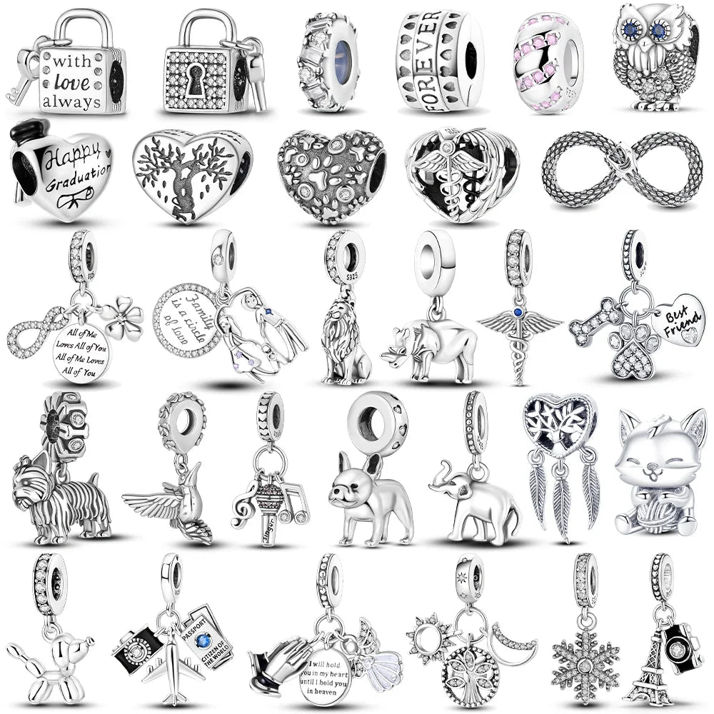 Original Inlaid Zircon Charm Beads 925 Silver Color Love Heart Snake Dangle Bead Fit Bangle Bracelet Pendant Jewelry Fine Gift