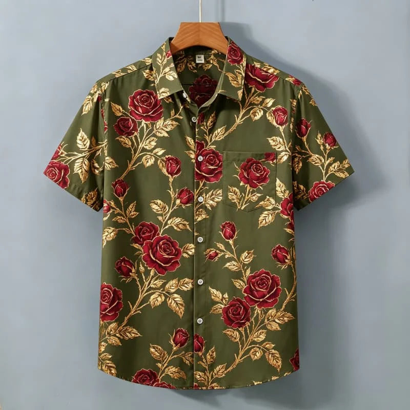 Men's Light Luxury Floral Print Short Sleeved Shirt With pockets,  Personalized Top For Holiday Beach Vacations