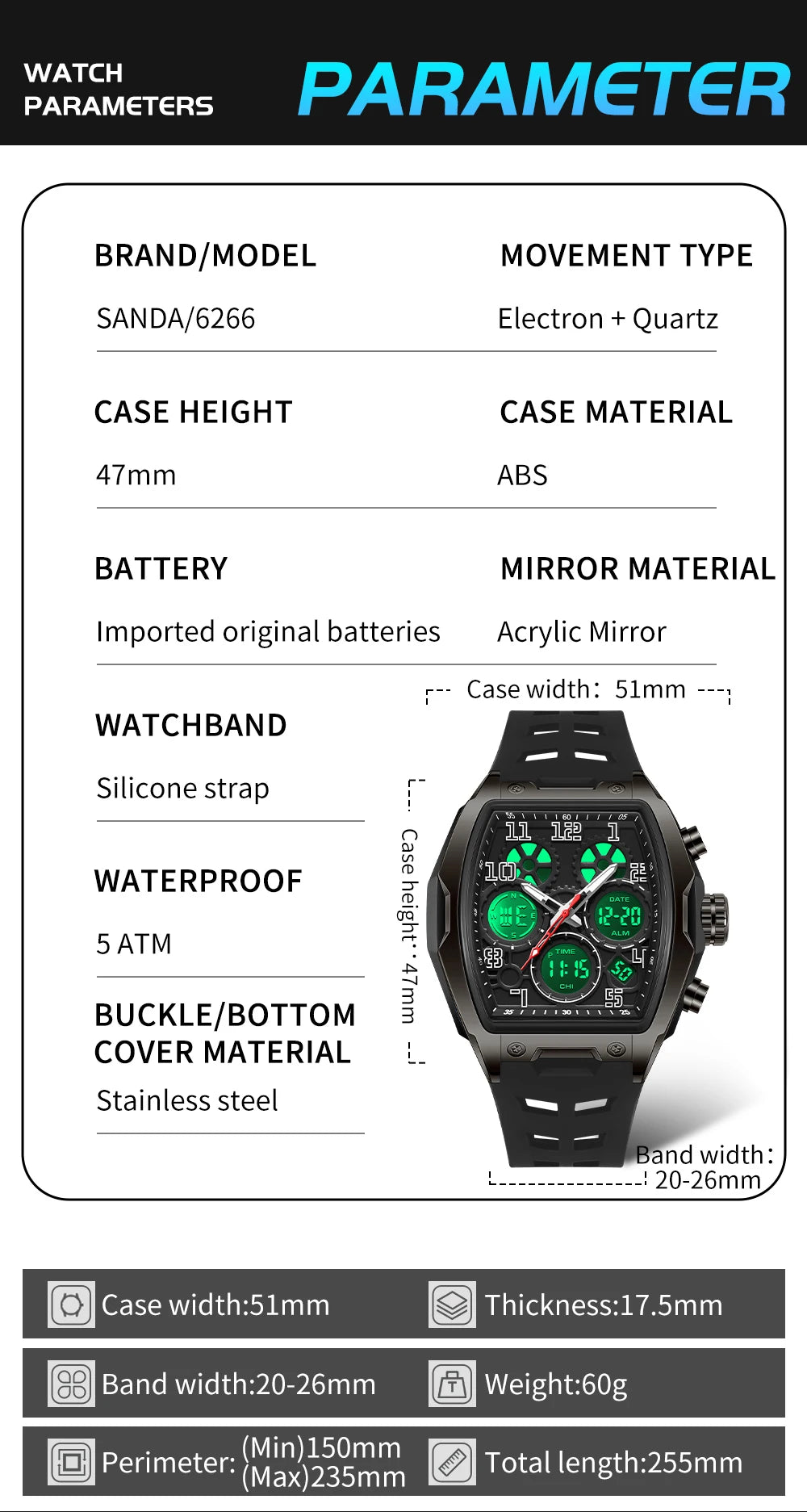 SANDA Fashion Men's Sports Electronic Watch Multi functional Date Countdown Waterproof LED Night Light Men's Electronic Watch