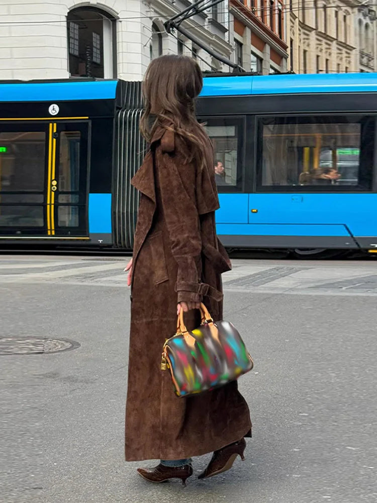 Women's Vintage Brown Suede Trench Coat Long Belted Overcoat Retro Windbreaker Fashion Female Date Commuter Streetwear Outerwear