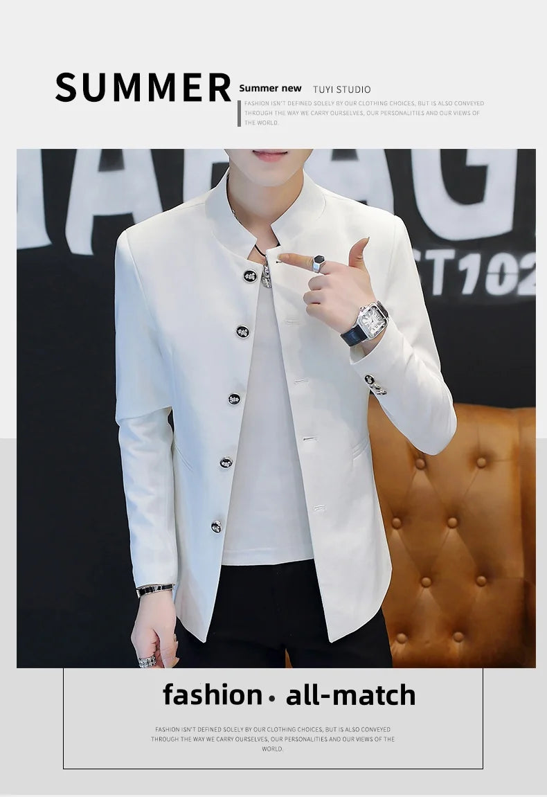 2024 Men's Slim Fit Long Sleeve Casual Suit Korean Trend Stand Collar Fashion Handsome Male Suit