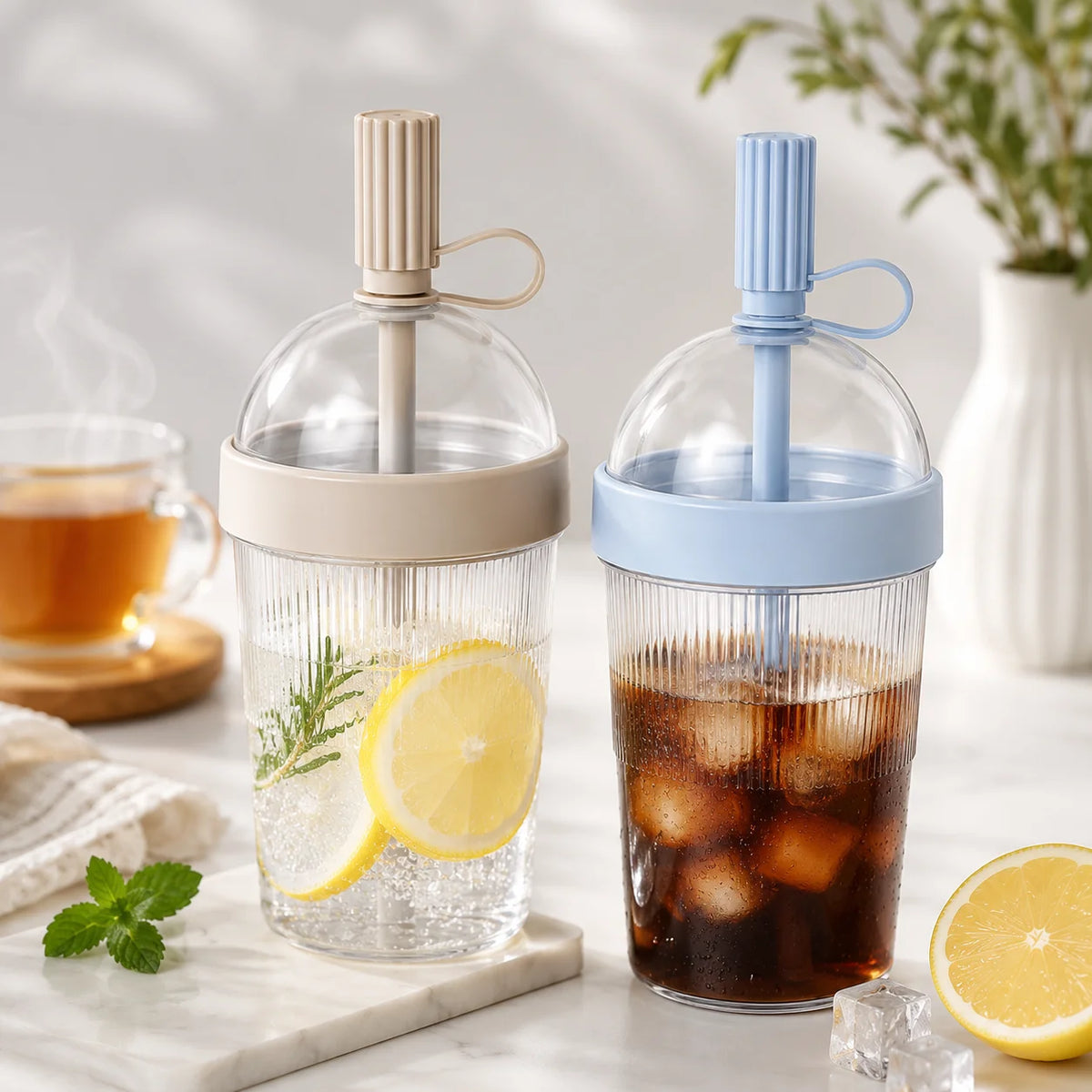Portable Plastic Coffee Tumbler with Lid Straw Reusable Transparent Water Cup for Office School Gym Outdoor Travel