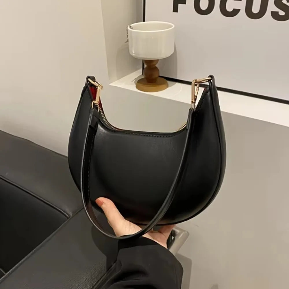 Casual PU Leather Shoulder Bag Moon-shaped Large Capacity Underarm Bag Solid Color Tote Handbag Women's Handbags