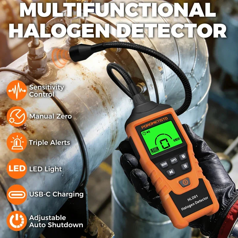 HLD01 Halogen Gas Leak Detector Rechargeable Level/Audio/Visual Alarms LED Light R134a R22 R12 High Sensitivity Gas Sensor Test
