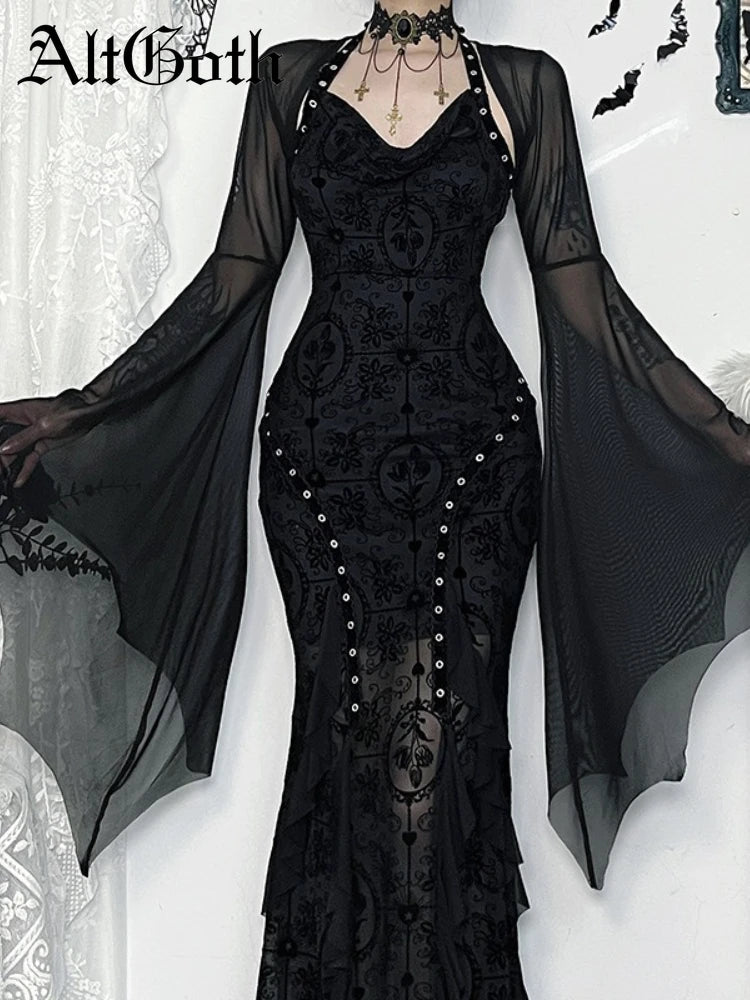 AltGoth Halloween Gothic Mesh Smock Women Vintage Streetwear Witch See Through Bat Sleeve Crop Blouse Sexy Cosplay Clothes Femme
