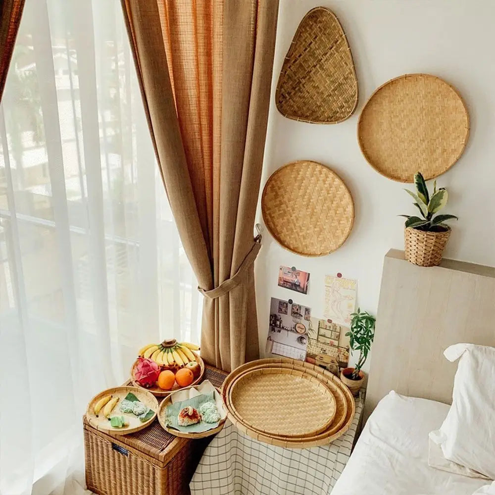 4 Size Hand-woven Bamboo Sieve Hand-painted Bamboo Raft Round Dustpan DIY Decorative Fruit Bread Basket Kitchen Storage Tray