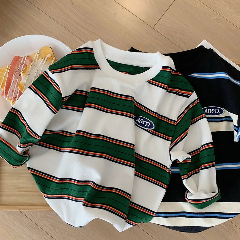 2025 autumn Children Clothes Girls Long Sleeves Bottoming Shirts Cool Boys Stripe Cotton T-shirt Teen Loose Casual 2-7y Kids Top