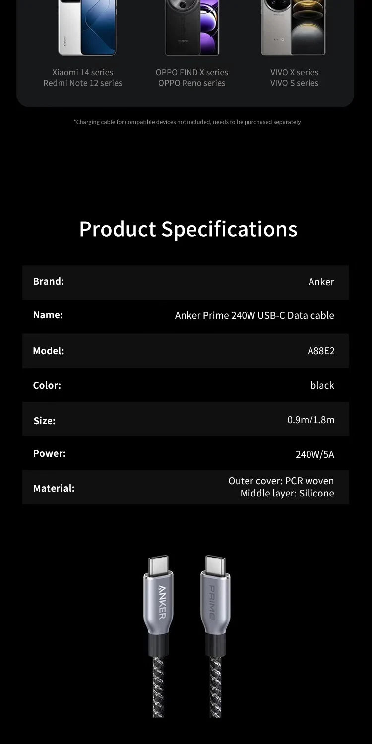 Anker Prime USB C to USB C Cable, 240W 3ft 6ft Fast Charging USB C Cable, Upcycled-Braided Nylon With 100-Year Bend Durability