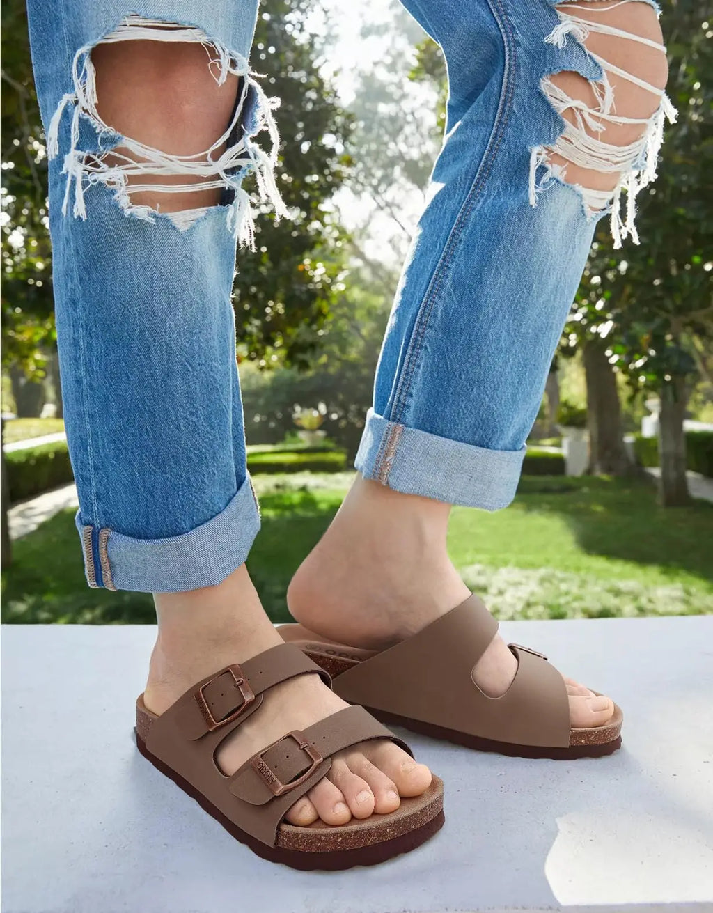 Kidmi Men's Cork Footbed Slide Sandal Slip On Sandals  Women Cork Sandals Nonslip Beach Sandals Female Adjustable Buckle Slides