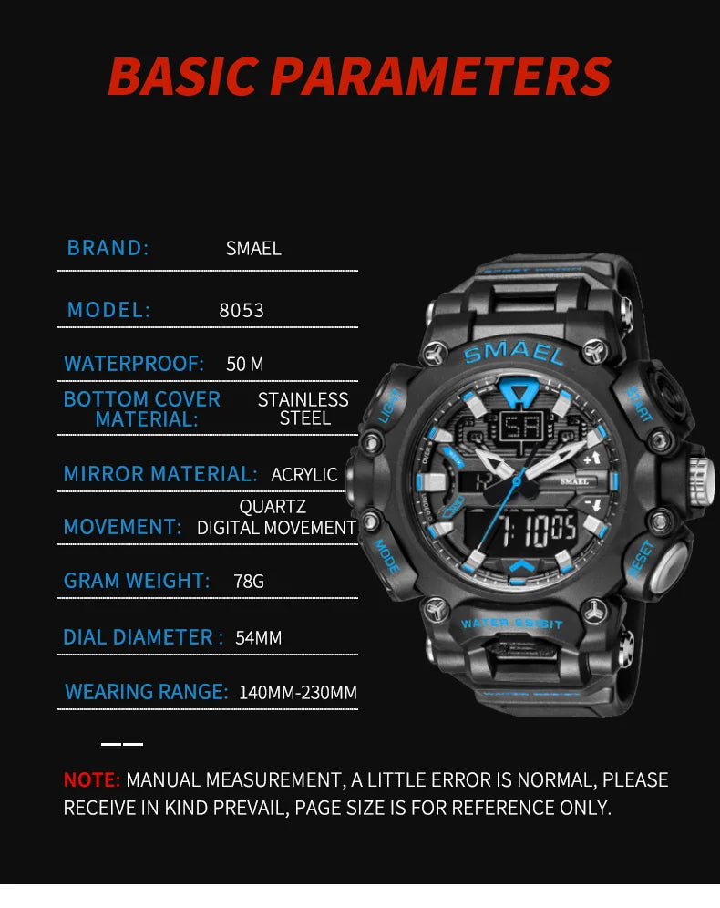 Military Watch Sport Waterproof 50M Stopwatch Analog Digital Wristwatches Week Display Alarm Clock 8053 Digital Watches Mens