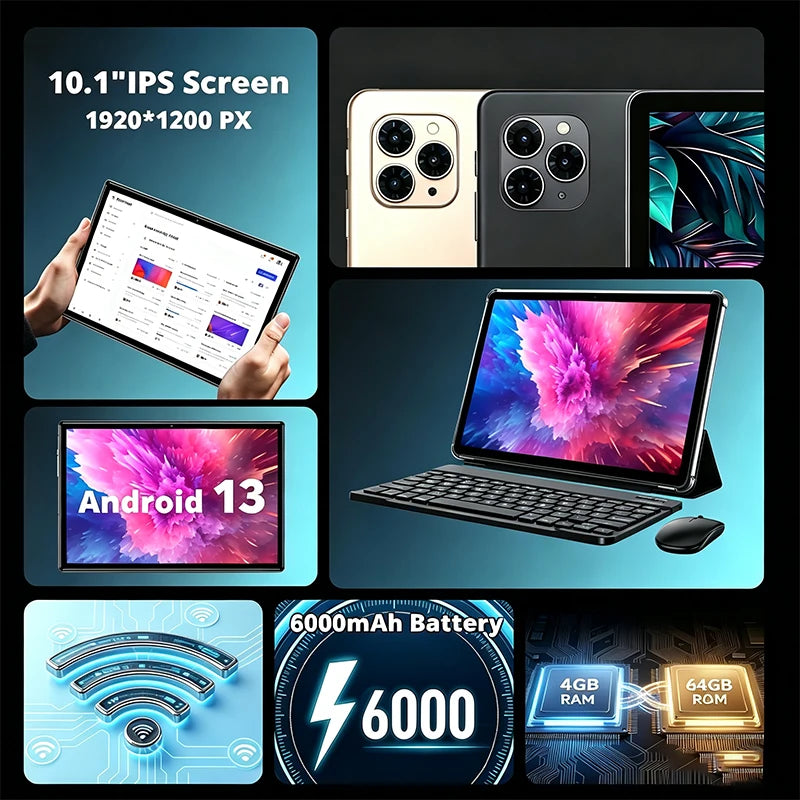 New 10.1 Inch Tablets Global Version Android 13 Octa Core 4GB RAM 64GB ROM 4G LTE Double SIM  HD Tablet Pc 6000mAh