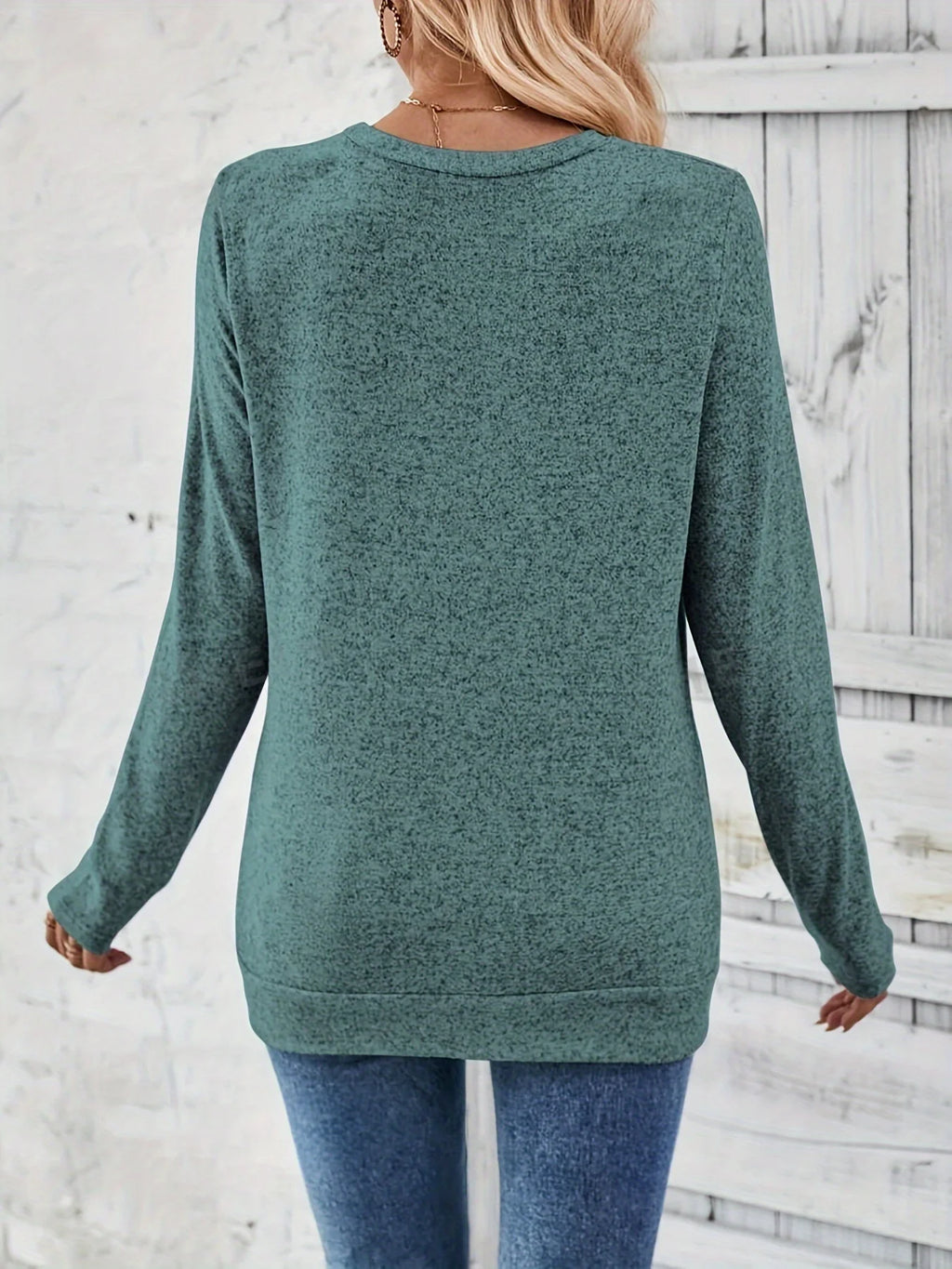 Button Decor Ruched T-Shirt, Casual Long Sleeve Top For Spring & Fall, Women's Clothing