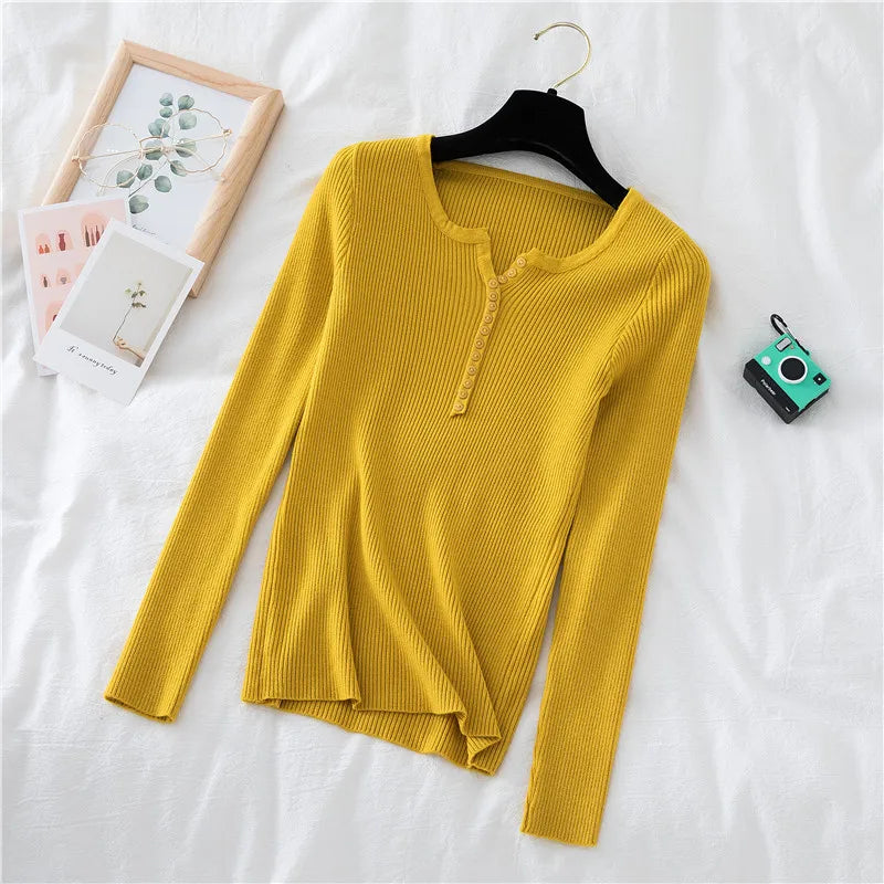 2026 Autumn Winter Button V Neck Sweater Women Basic Slim Pullover Women Sweaters And Pullovers Knit Jumper Soft Warm Tops