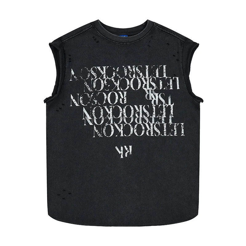Men's Fashion Ripped Printed Tank Tops High Street Hip Hop Sleeveless Tees Streetwear Washed Vintage Tops For Male