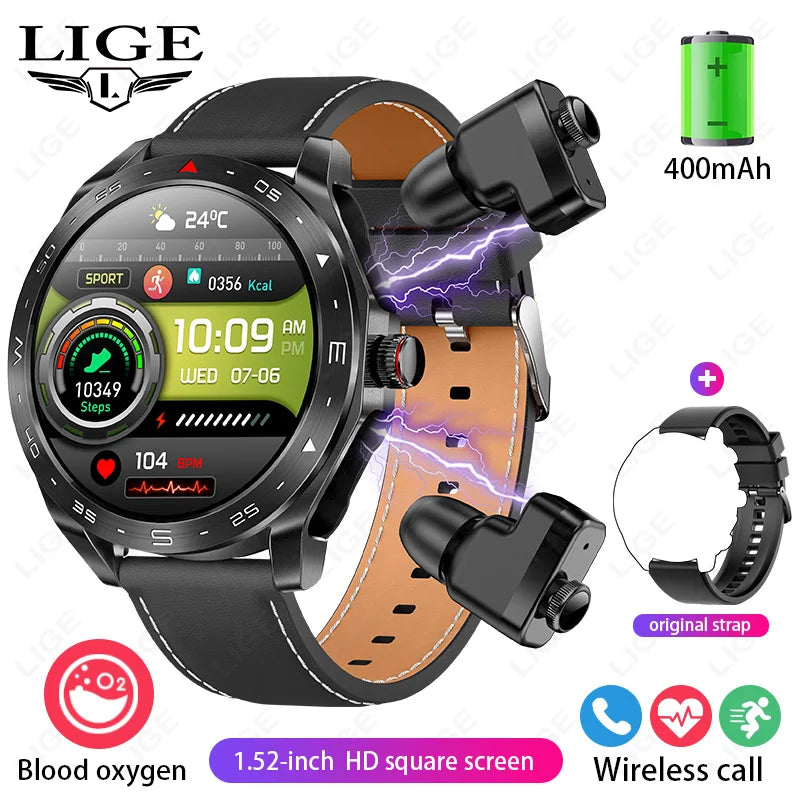 Smart Watch with Earbuds 1.52 inch HD Screen Fitness Tracker Sleep Monitor Pedometer All-in-one Local Music TWS Music Smartwatch