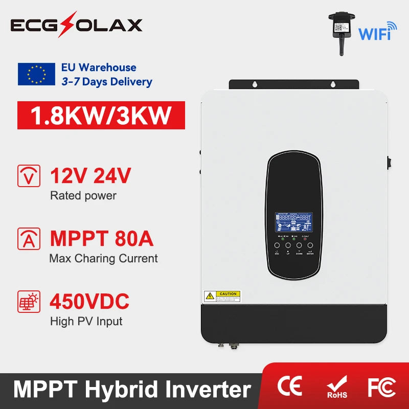 ECGSOLAX 3KW 1.8KW Solar Hybrid Inverter 12V 24V 230Vac With 80A MPPT Solar Charger Off-grid Hybrid Solar Inveter Max PV 450VDC