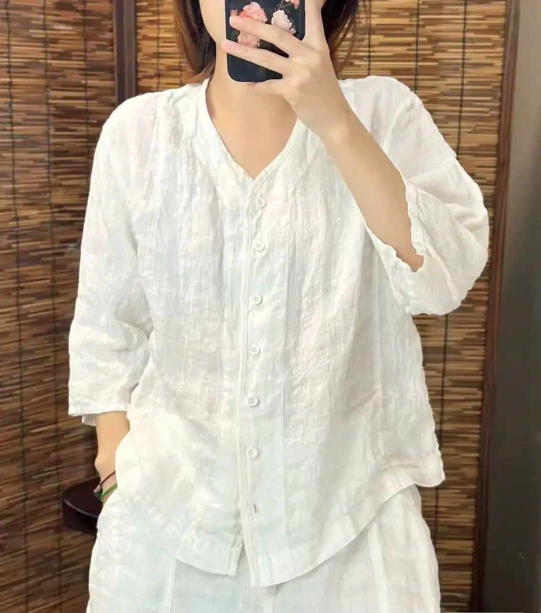 Women's Shirt 2025 Spring Summer Cotton and Linen Round Neck Retro Ladies Blouse Solid Age Reduction Lady Cardigan T-shirt