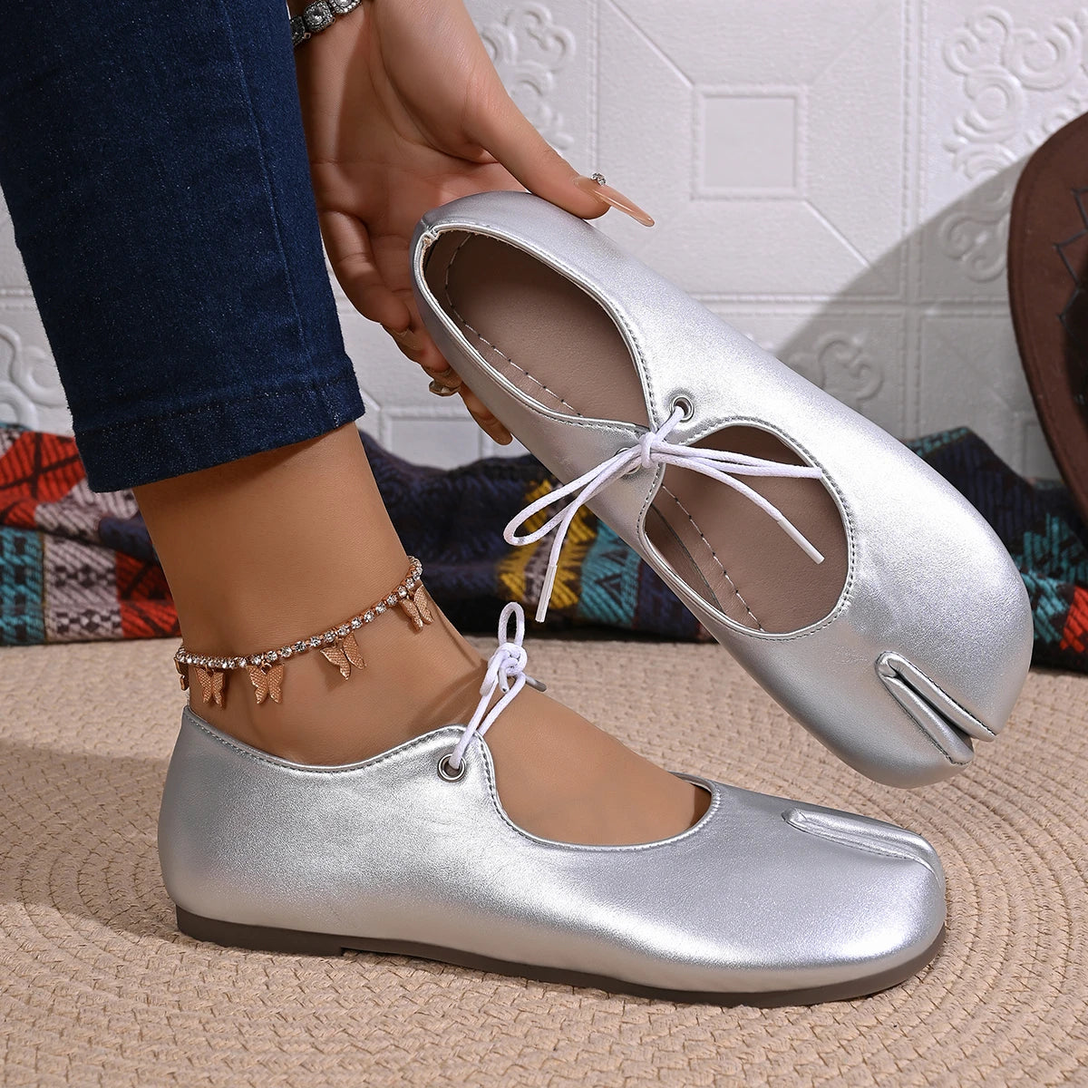Comfort Flats Heel Silver Designer Tabi Shoes Women Summer 2026 Lightweight Lace Up Bowknot Ballet Flat Shoe Woman's Loafers