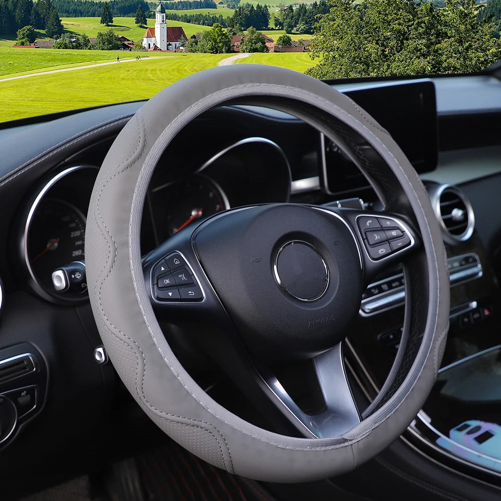 Women's PU Leather Corrugated Steering Wheel Cover 37-38cm Rimless Comfortable Car Accessory for All Seasons