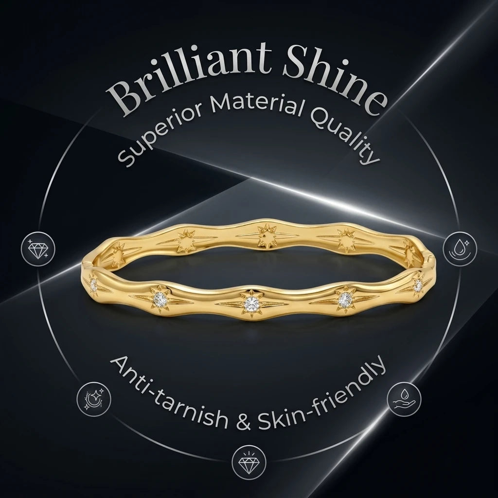 Gold Color Snap-on Sun Zircon Bangle, Luxury Stainless Steel Bracelet for Women, Fashion Jewelry Gift 60mm