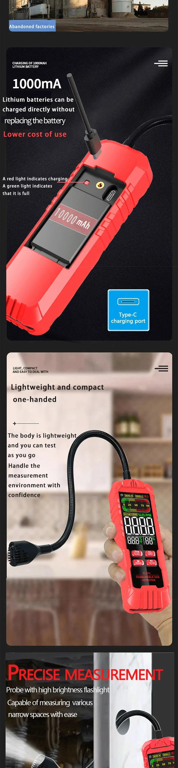 ZLLJMETER Handheld Gas Leak Detector Methane Combustible Gas Testers Portable Gases Concentration Analyzer Meter Leakage Tools