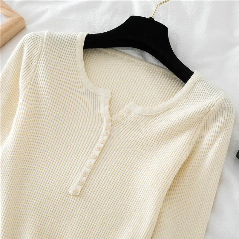 2026 Autumn Winter Button V Neck Sweater Women Basic Slim Pullover Women Sweaters And Pullovers Knit Jumper Soft Warm Tops