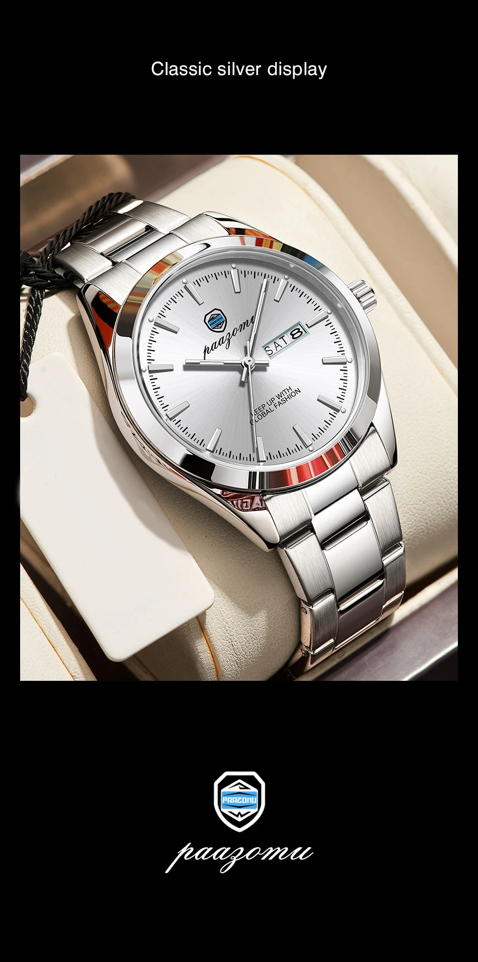 PAAZOMU Fashion Men's Quartz Watch Luminous Hands Date Week Stainless Steel Strap Waterproof Casual Wristwatch Quartz Men Watch