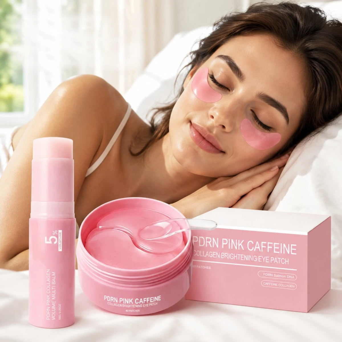PDRN Pink Collagen Brightening Eye Patches Reduce Dark Circles Puffiness+Multi Balm Stick Hydrating Firming Face Neck Skin Care