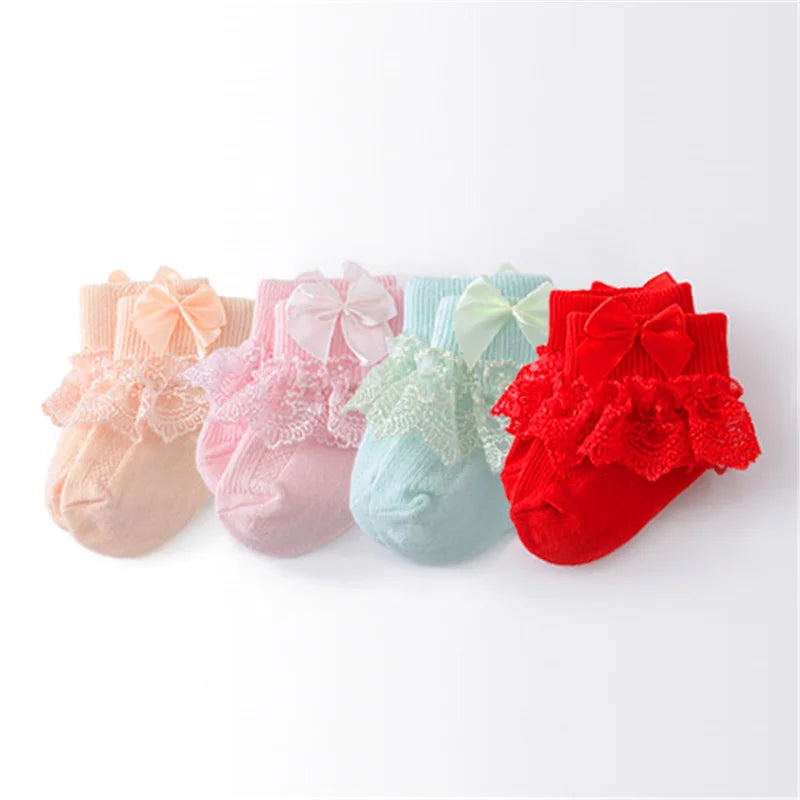 Lawadka 4Pairs/lot Newborn Baby Socks For Girls Cotton Lace Infant Girls Sock Princess Bow Toddler Baby Girls Socks Spring 0-24M